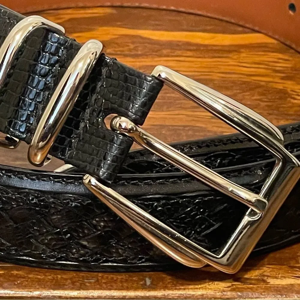 TORINO Ringmark Lizard Men’s Leather Belt Woven Black With Silver Buckle 36